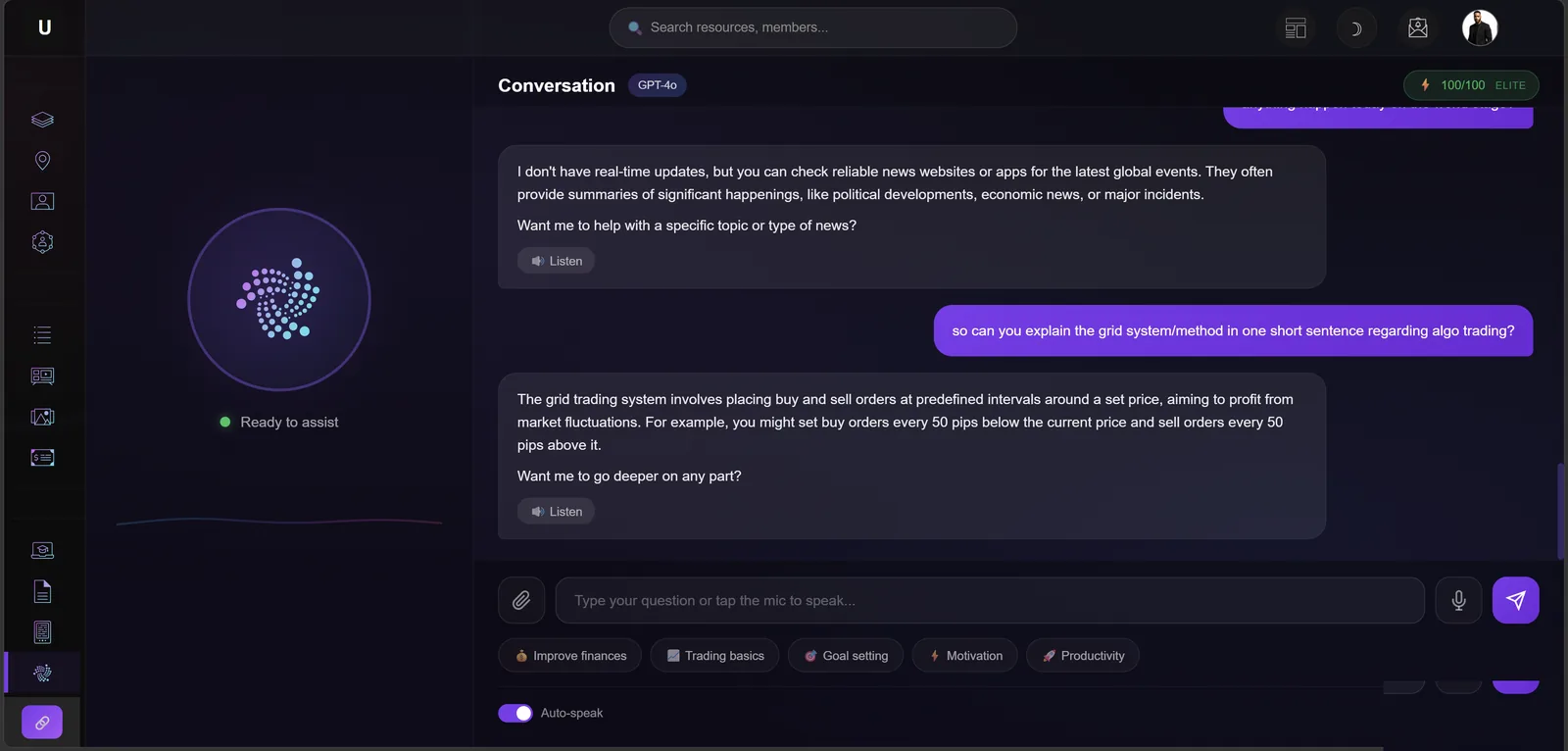 UNITY 2B3 built-in AI coach answering a member's question about trading